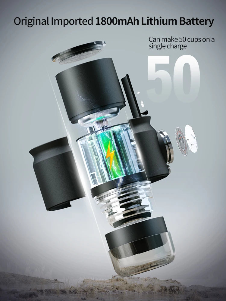 Exploded view of black portable coffee maker with 1800mAh lithium battery for 50 cups per charge.