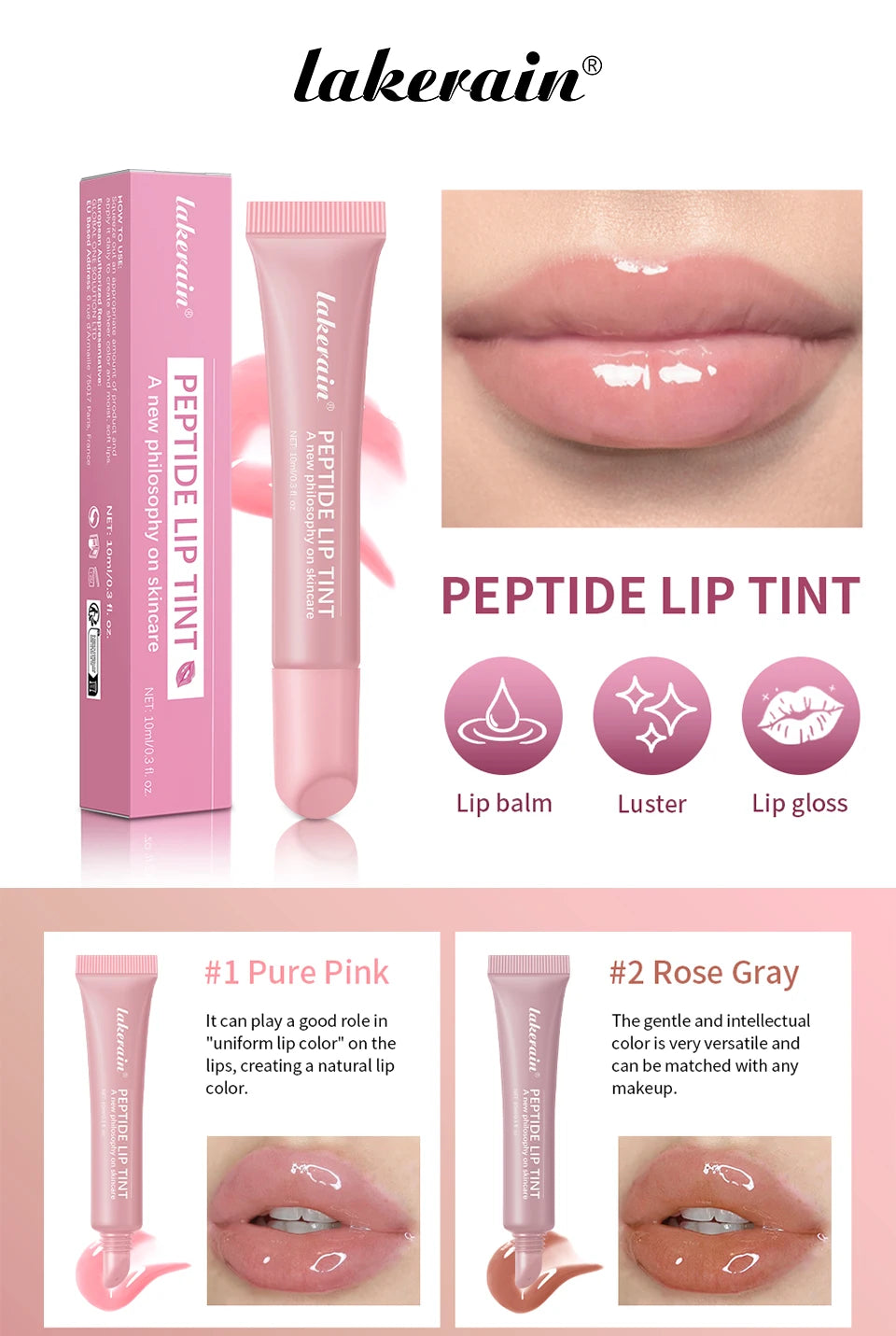 Lakerain peptide lip tint in nude and pink shades, featuring a high-shine glossy finish for hydrated, plumping lips.