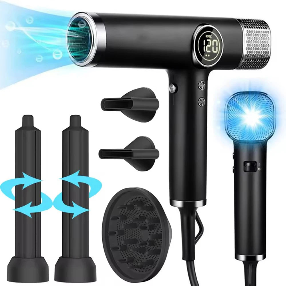 Black 1800W high-speed ionic hair dryer with digital display, 5 attachments, diffuser, and stylers for salon results.