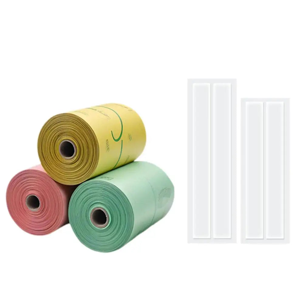 Eco-friendly colorful dog poop bags and adhesive strips for easy, clean pet waste disposal.