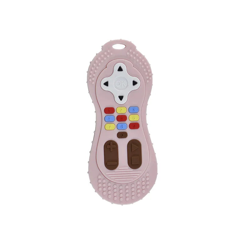 Pink silicone baby teething toy shaped like a remote control for baby teething relief.