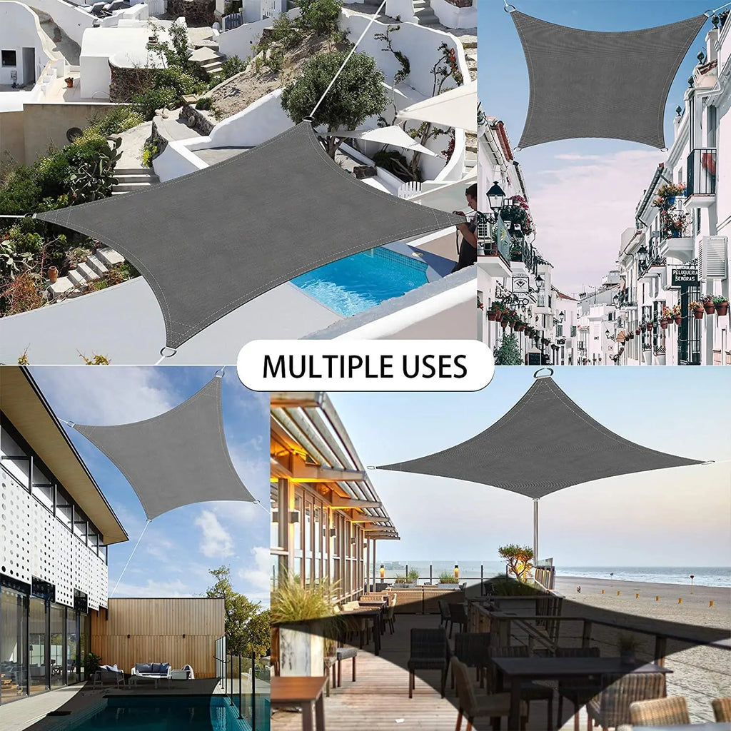 Gray waterproof shade sail canopy with curved underside and corner grommets