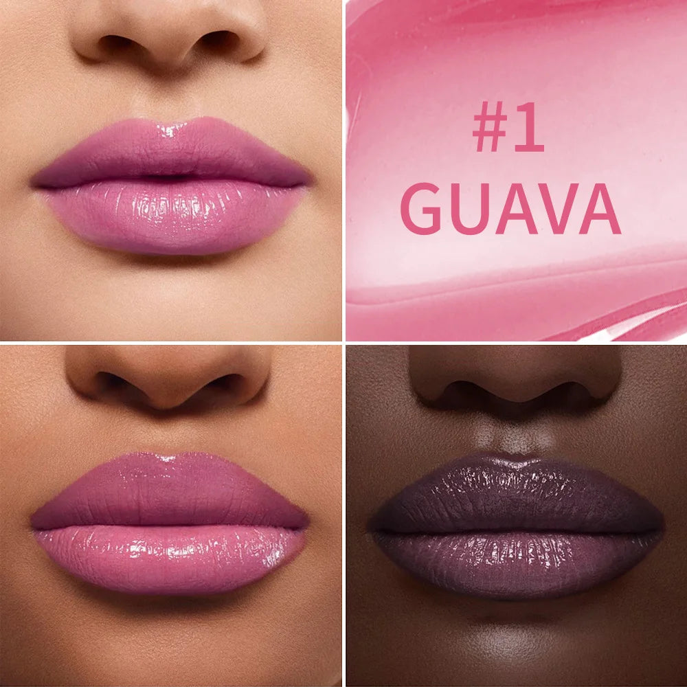 Kulfée Guava Staining Lip Oil: moisturizing, non-sticky, long-lasting pink lip gloss stain on diverse skin tones.