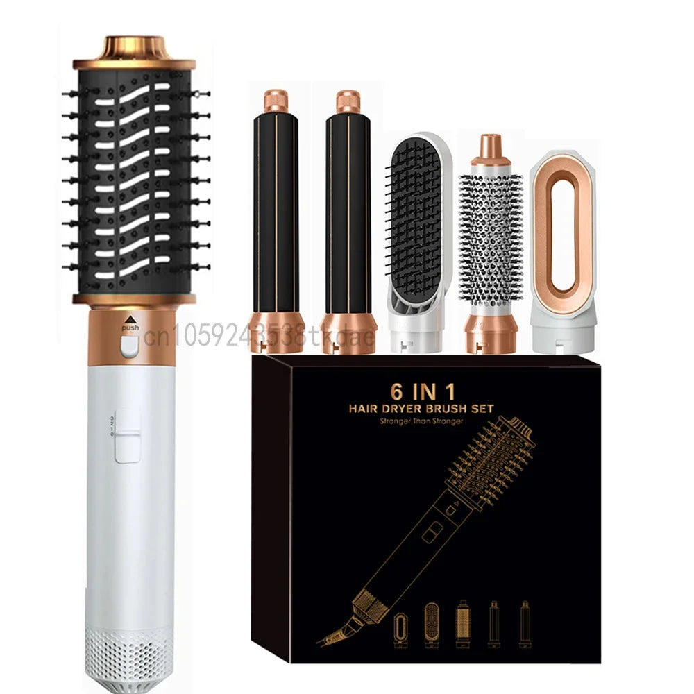 6-in-1 gold and white hair dryer brush set with curling iron attachments and styling tools in gift box packaging.