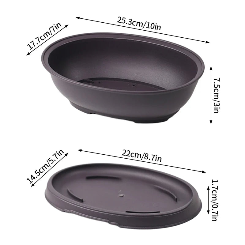 Round bonsai planter pot in dark plastic with base lid and drainage slots
