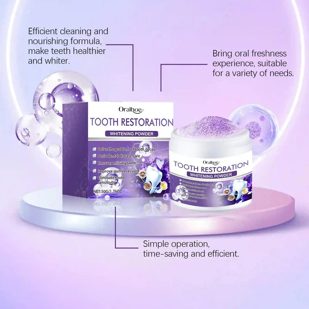 Tidesmit purple teeth whitening powder for plaque removal and stain restoration with fresh mint breath.