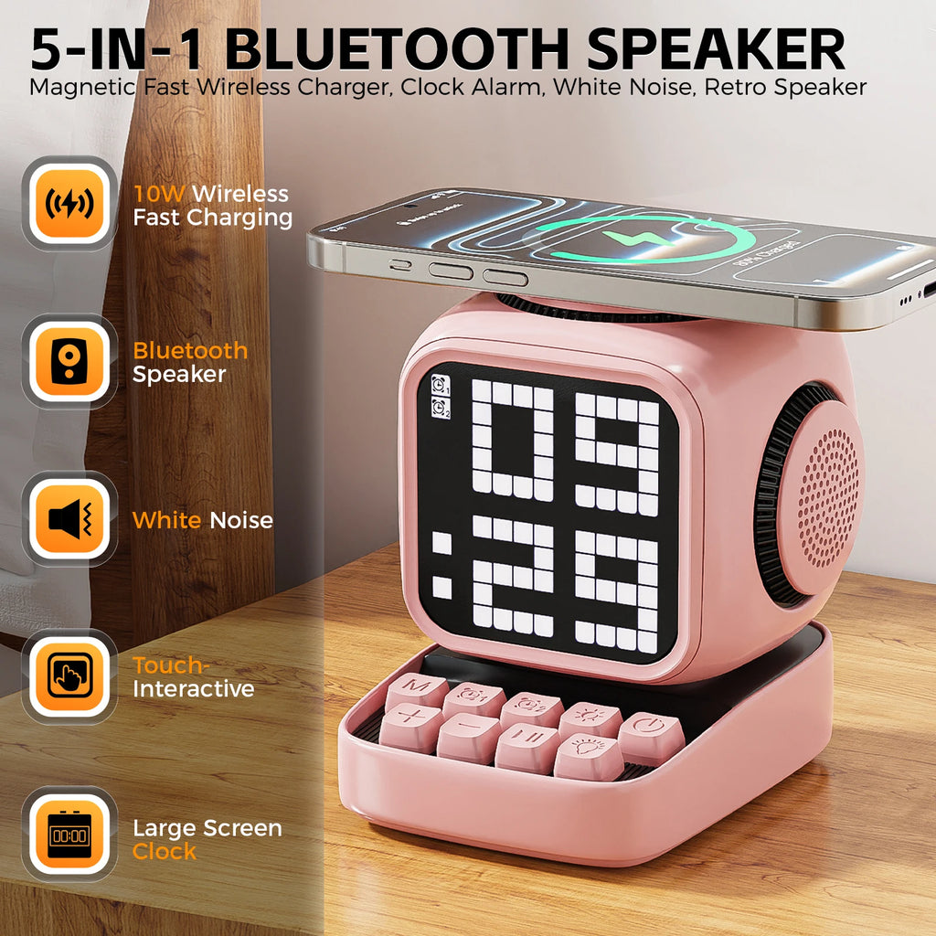 Portable Bluetooth Speaker with 15W Wireless Charger and LED Clock Tidesmit