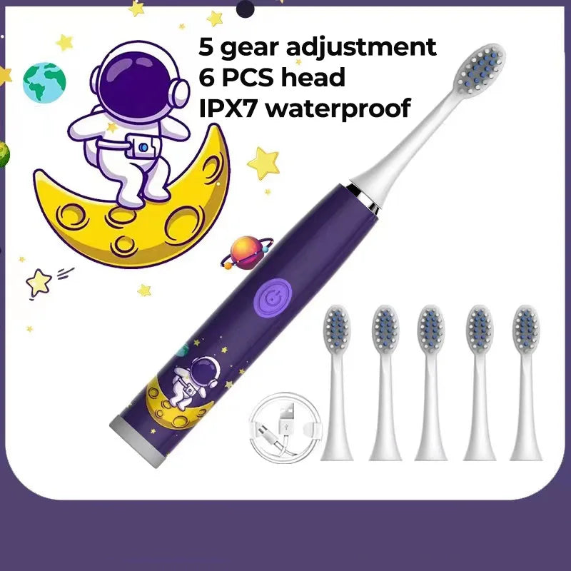 USB Sonic Child Electric Toothbrush Rechargeable Colorful Cartoon Brush Kids Automatic IPX7 Waterproof With Replacement Heads