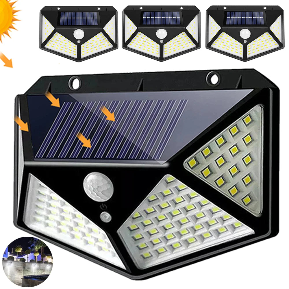 Solar Wall Lamp Outdoor Solar 100 LED Light 4 Sided Luminous Motion Sensor Waterproof Sunlight Garden Courtyard Decor Lighting