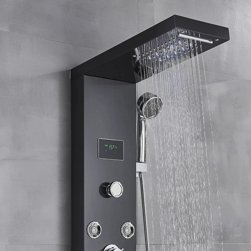 LED Shower Panel Waterfall Rain Digital Display Shower Faucet Set SPA Massage Jet Bathroom Column Mixer Tap Tower System