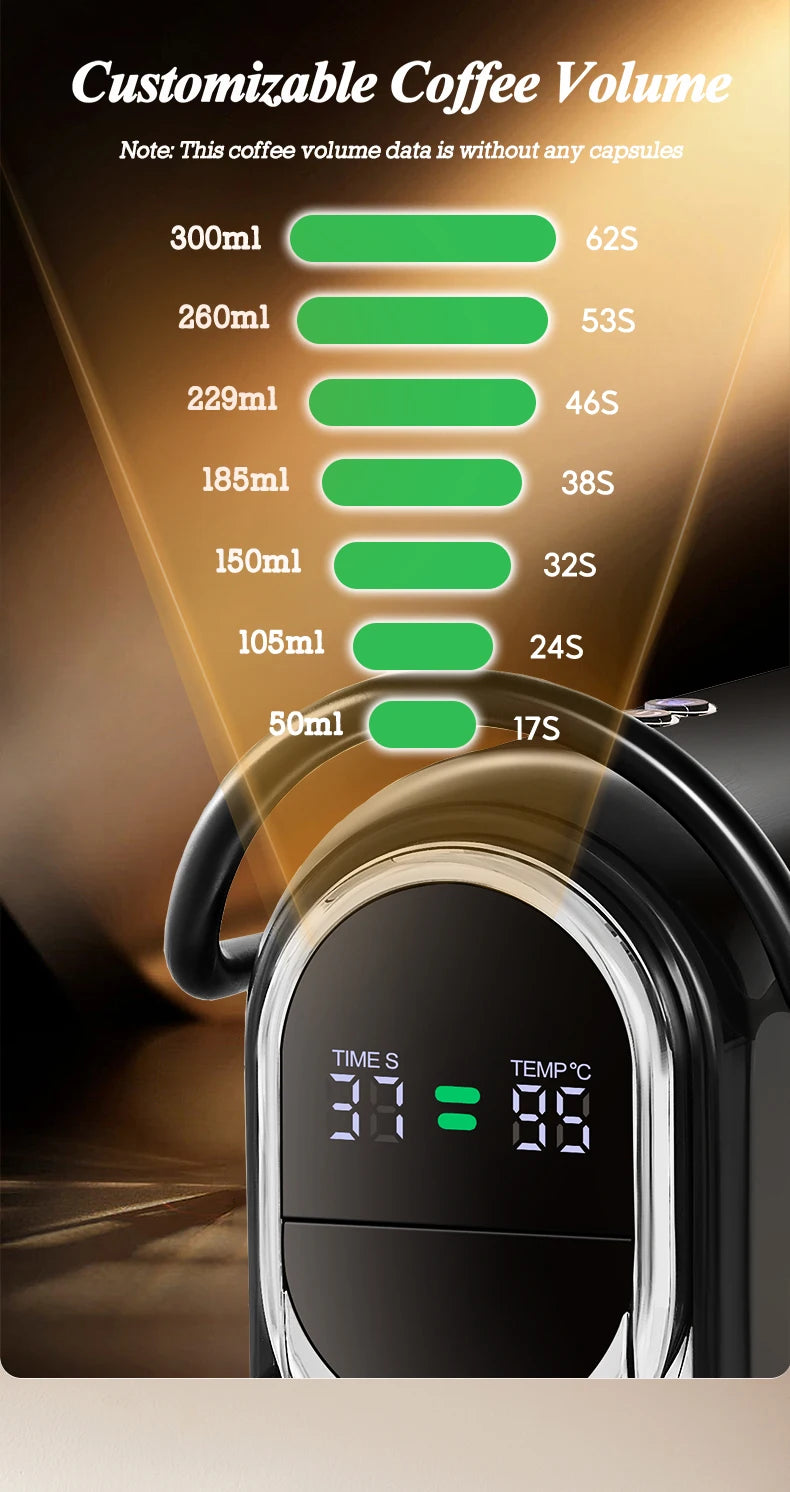 Black coffee maker with LED display showing customizable volume settings from 50ml to 300ml and brewing time.