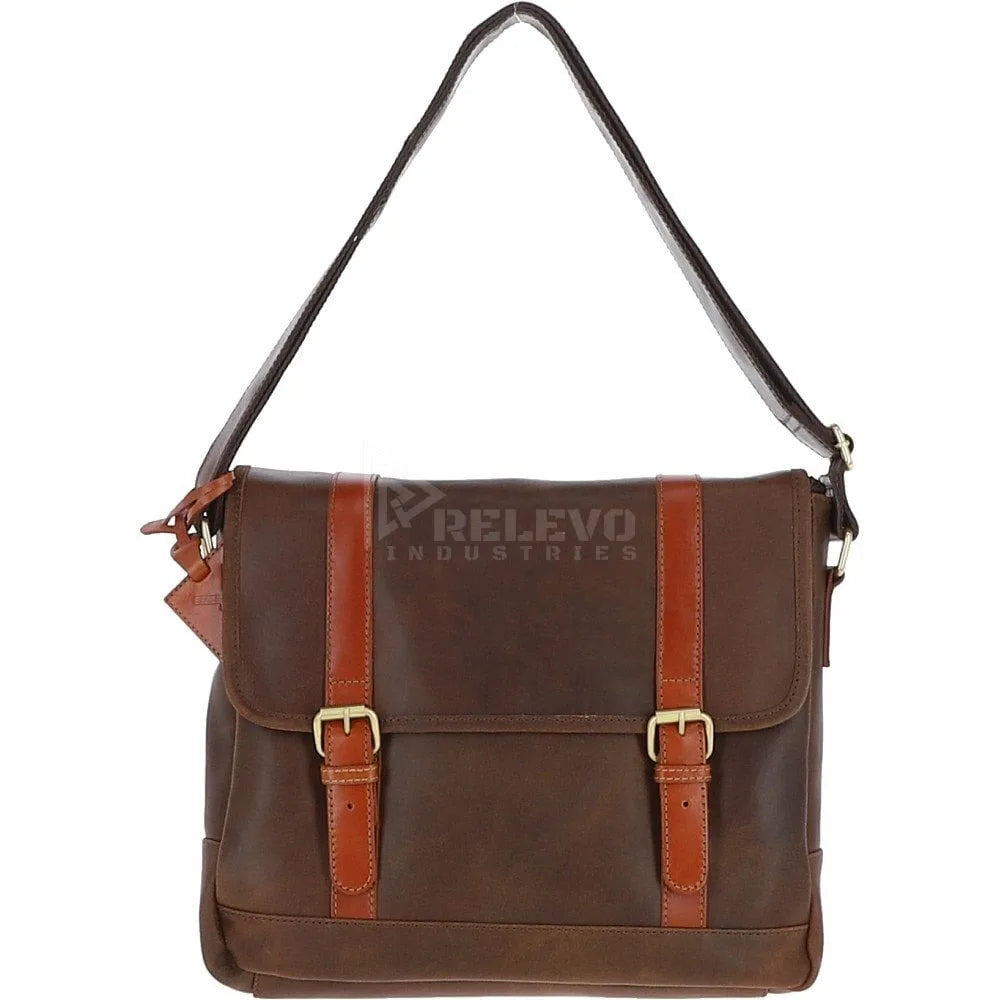 Brown genuine leather designer messenger bag with tan buckled straps, shoulder strap, and minimalist laptop design.