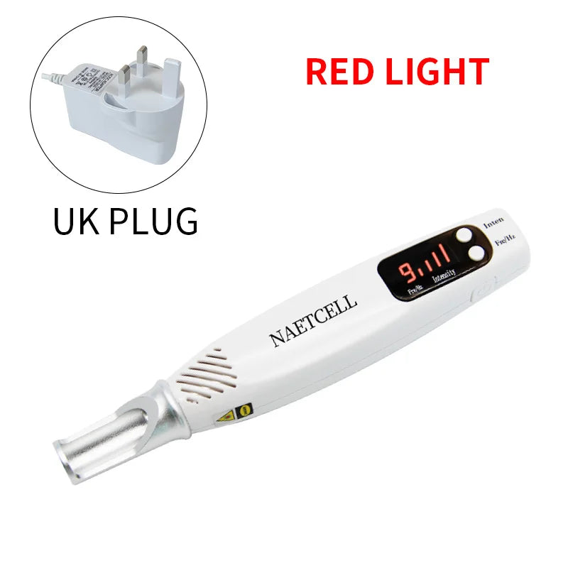White Naetcell picosecond laser pen for tattoo and spot removal with red light and UK power plug adapter.