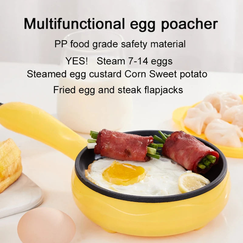 Yellow non-stick electric egg cooker, base with cooked eggs and cooked meat inside.