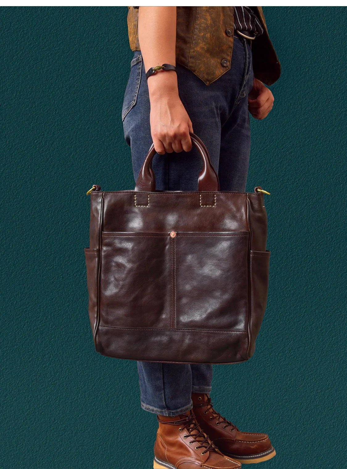 Fashion organizers designers handmade genuine leather men's tote bag outdoor travel luxury vegetable tanned cowhide handbags