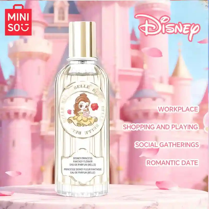 MINISO Disney Belle Fantasy Flower EDP for women: 60ml floral perfume in a ribbed glass bottle with Belle art.