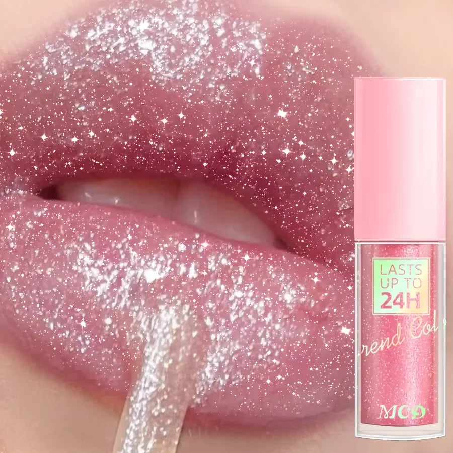 Long-lasting pink glitter lip gloss with sparkling shimmer texture, waterproof liquid lipstick in a 24h formula.