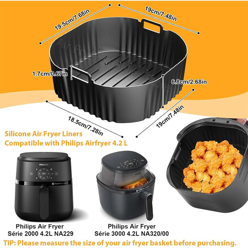 Black 19 cm silicone air fryer liner with measuring dimensions and handles