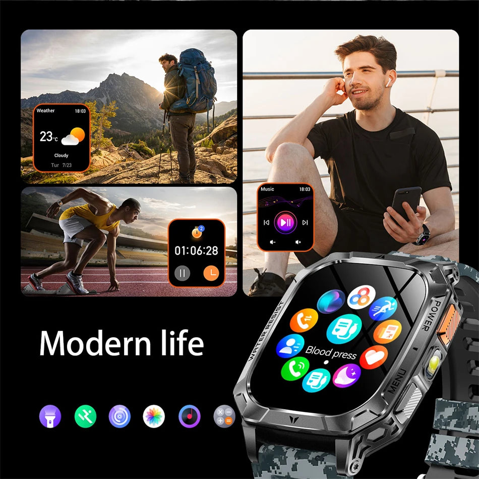 2026 New Hot flashlight Men Smartwatch Compass 1400 mAh BT call GPS fitness IP68 Waterproof Fashion Smartwatch For holiday Gifts