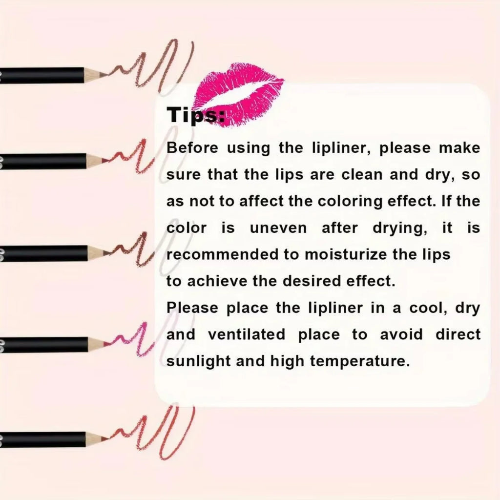 Set of 6 waterproof matte lip liners showing swatch colors and application tips for long-lasting, non-transfer makeup.