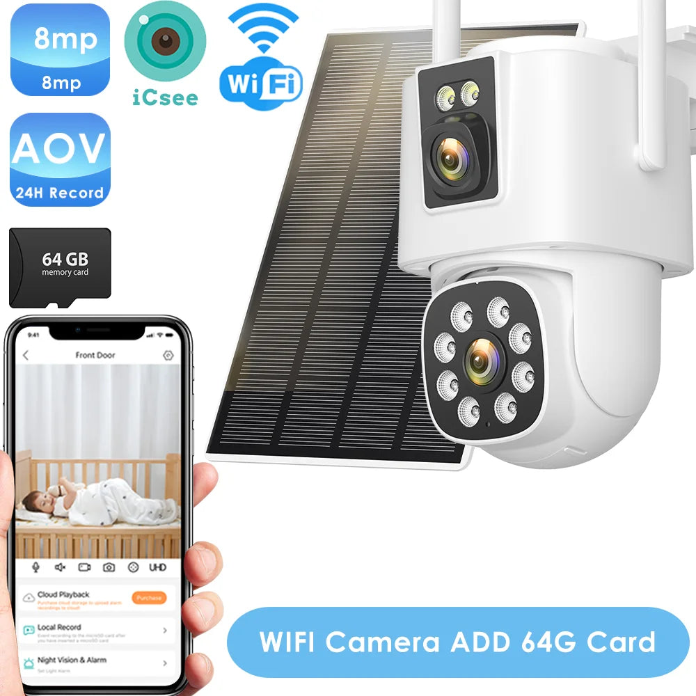 White outdoor solar PTZ Wi‑Fi security camera with dual lens and 64GB card
