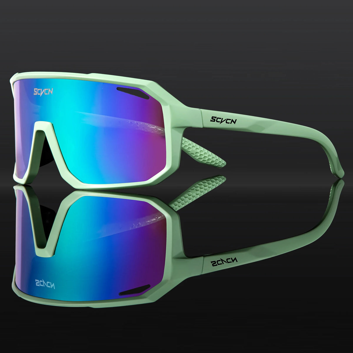 Cycling sport sunglasses with teal mirrored lenses and light green frame, side angle