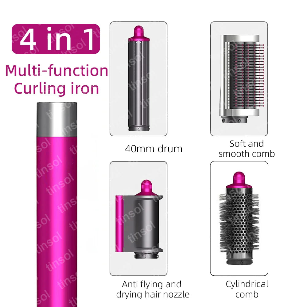 Pink 4-in-1 multifunctional hair dryer set with curling drum, smoothing brush, drying nozzle, and cylindrical comb.