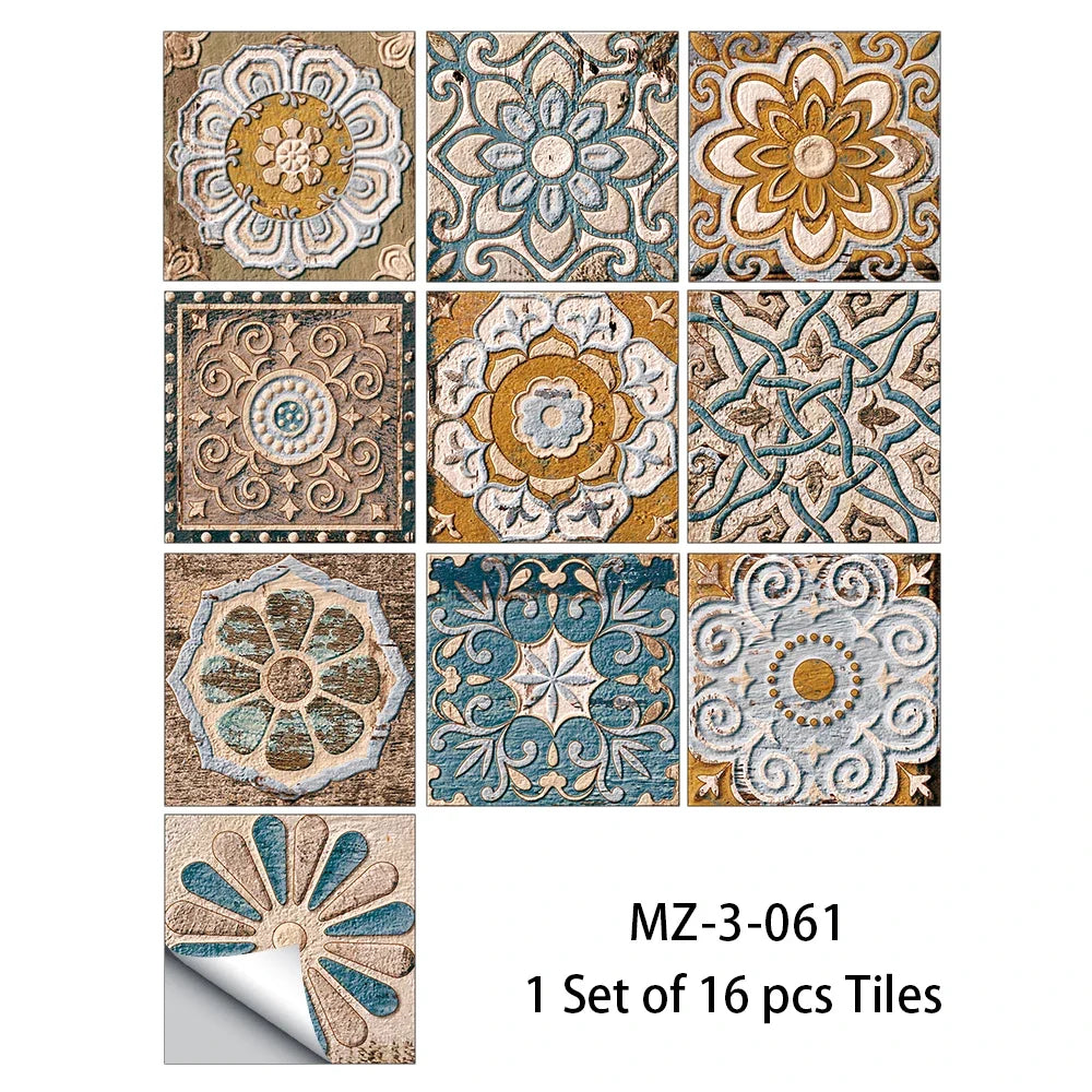 Thickened frosted tile floor stickers with ornate medallion designs, set of 16