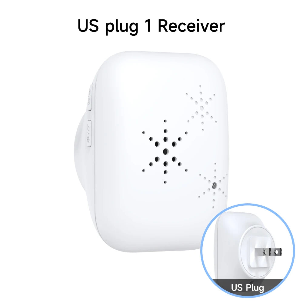 White wireless doorbell receiver with speaker grille and US plug power