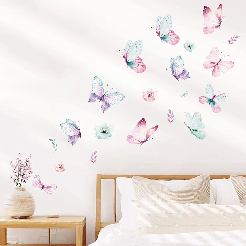 Pastel multicolor watercolor butterfly wall stickers on a bedroom wall