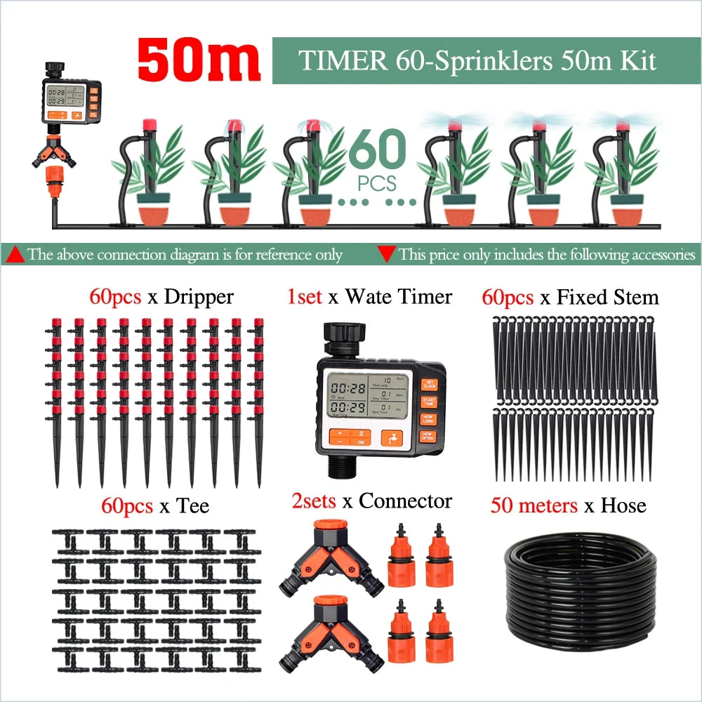 50-5M Automatic Garden Irrigation System Adjustable 13cm Sprinkler Smart Timer Greenhouse Yard Watering Kit Strong Flux