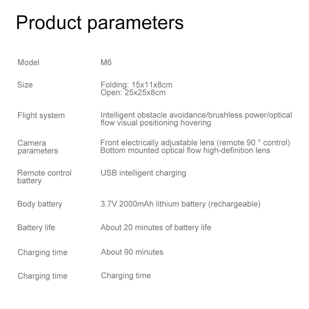 Technical specifications table for M6 foldable drone with dual cameras, obstacle avoidance, and 20-minute battery life.