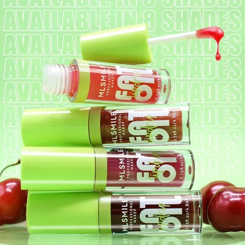 MLSmile moisturizing glitter lip gloss plumper set with hydrating, glossy textures in various shades and cherry accents.