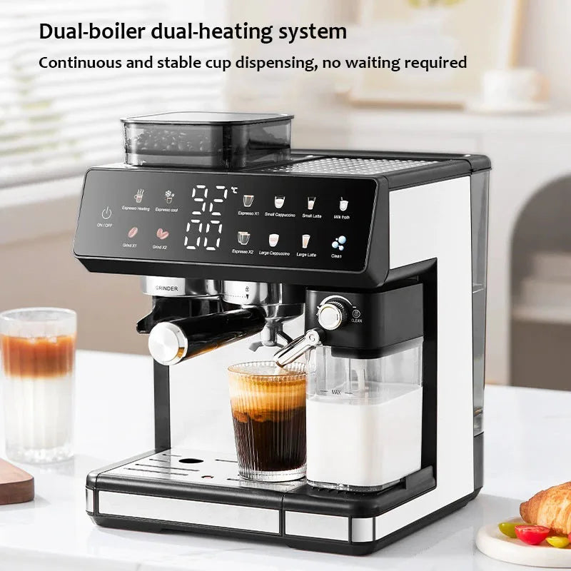 Black and white dual-boiler espresso machine with built-in grinder, milk frother, and digital touch control panel.