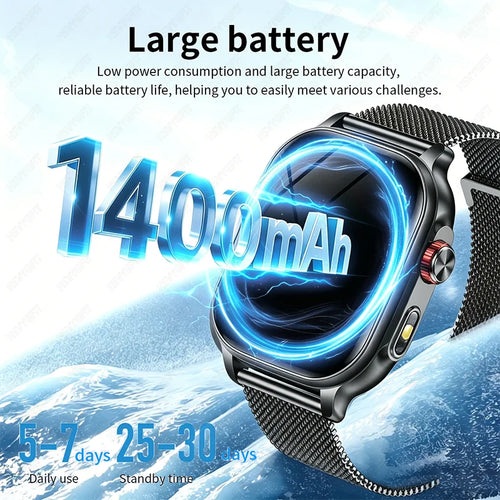Black smartwatch with round screen and black metal mesh strap, fitness tracker display