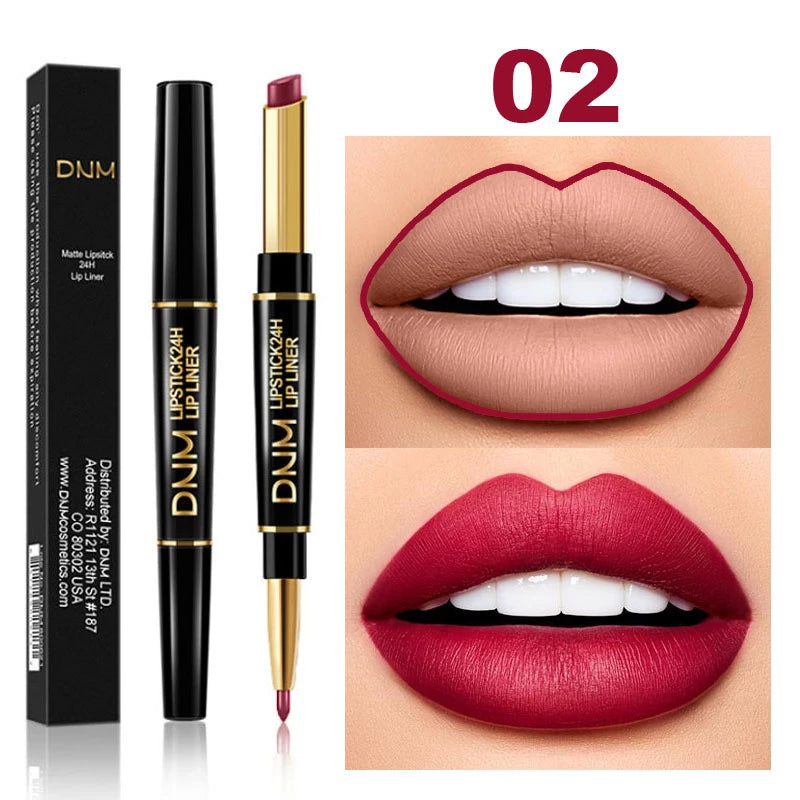 DNM 2-in-1 waterproof matte lipstick and lip liner pencil in shade 02, showing nude and red lip makeup swatches.
