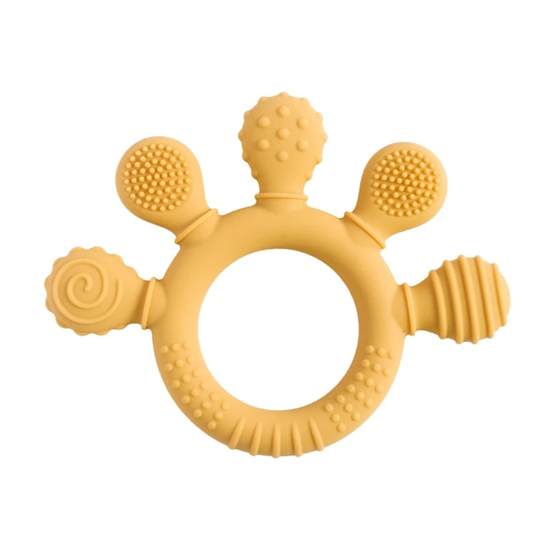 Yellow silicone baby teething ring toy for infant gum relief.