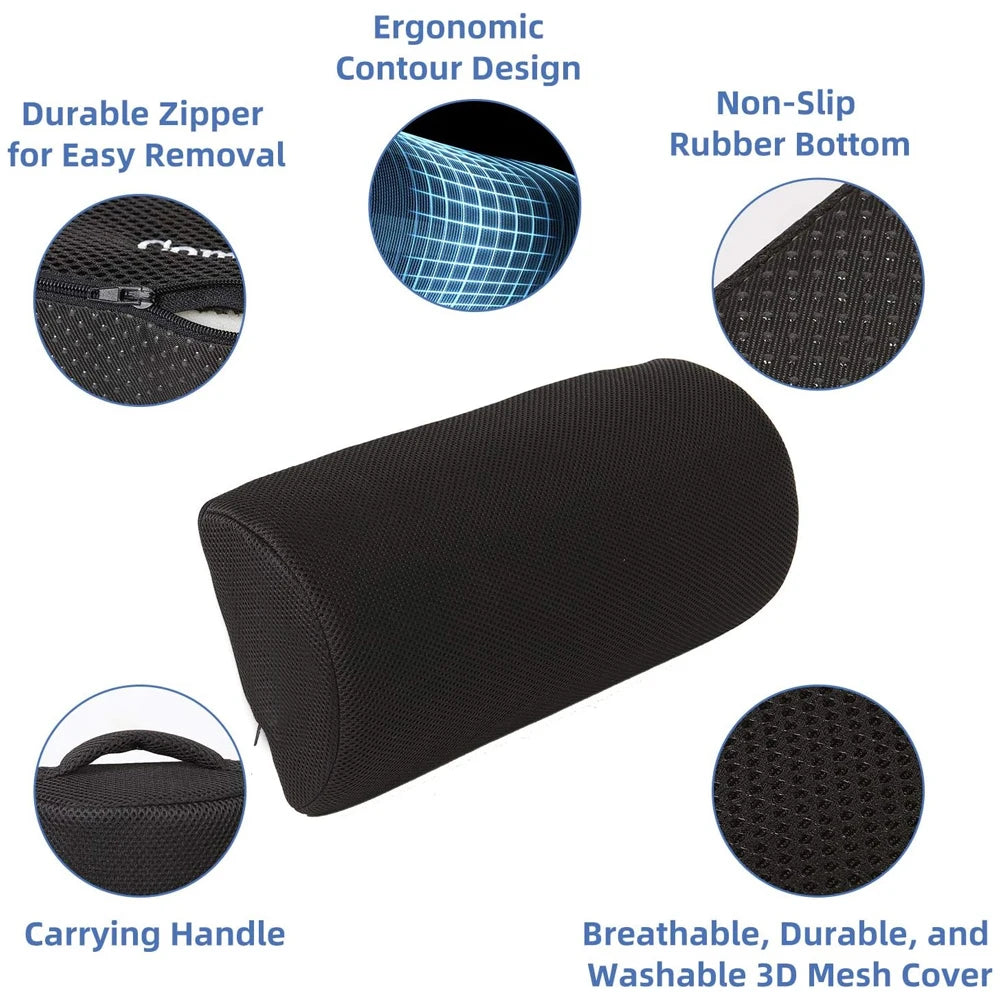 Ergonomic memory foam under desk foot rest with washable mesh cover, non-slip base, and handle for office or travel.