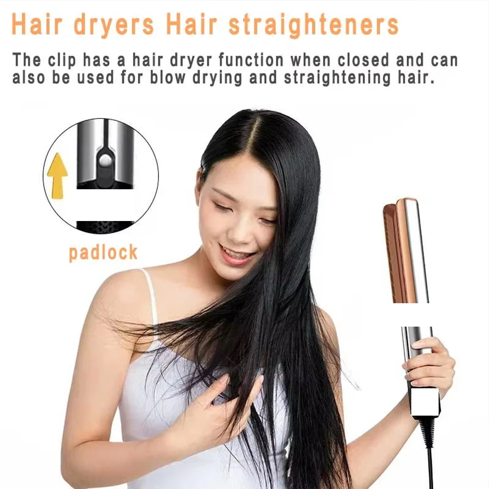 2-in-1 negative ion hair dryer and straightener in silver and rose gold for wet or dry styling.