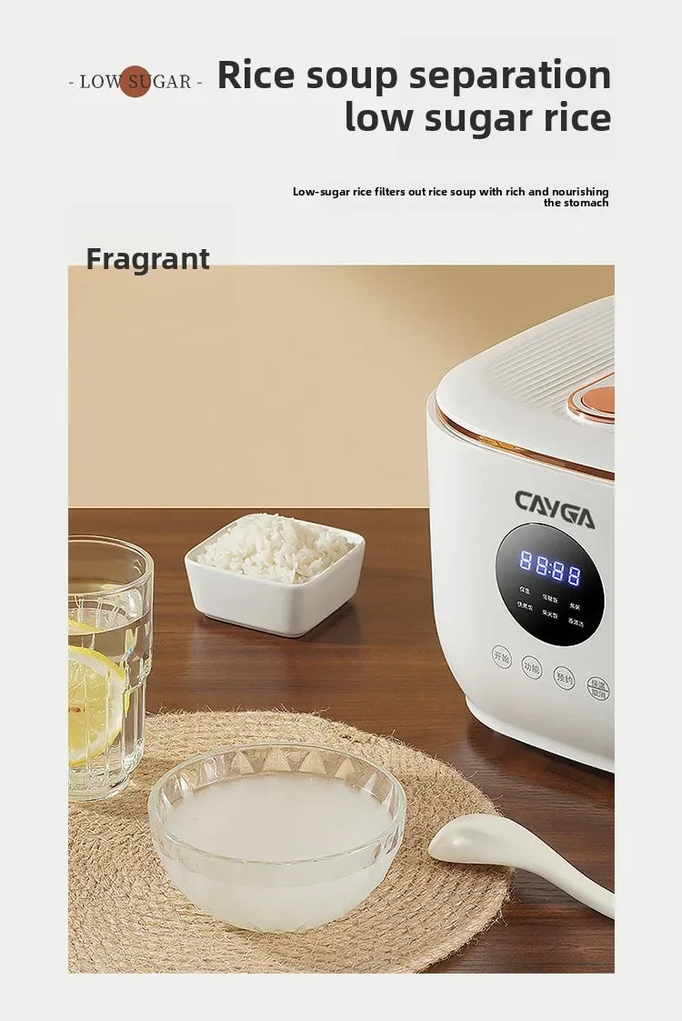 White rice cooker with digital display beside a bowl of low sugar rice