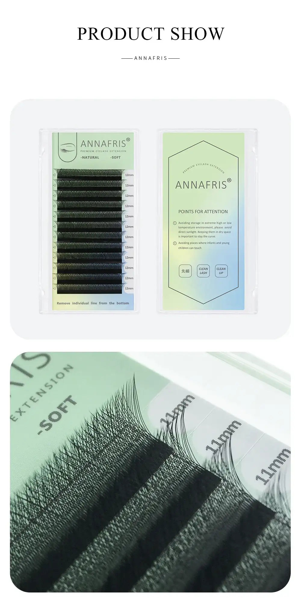 Black synthetic eyelash extension strips in a plastic tray with 12mm and 11mm labeled rows for professional use.
