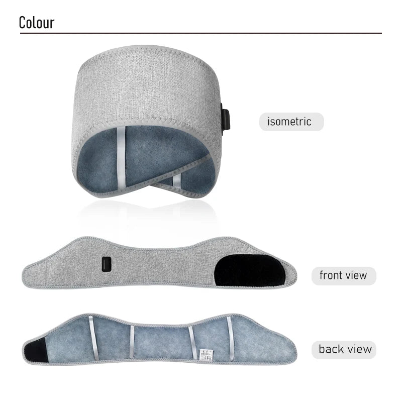 Gray red light heating headband for migraine and stress relief, showing isometric, front, and back views with Velcro.