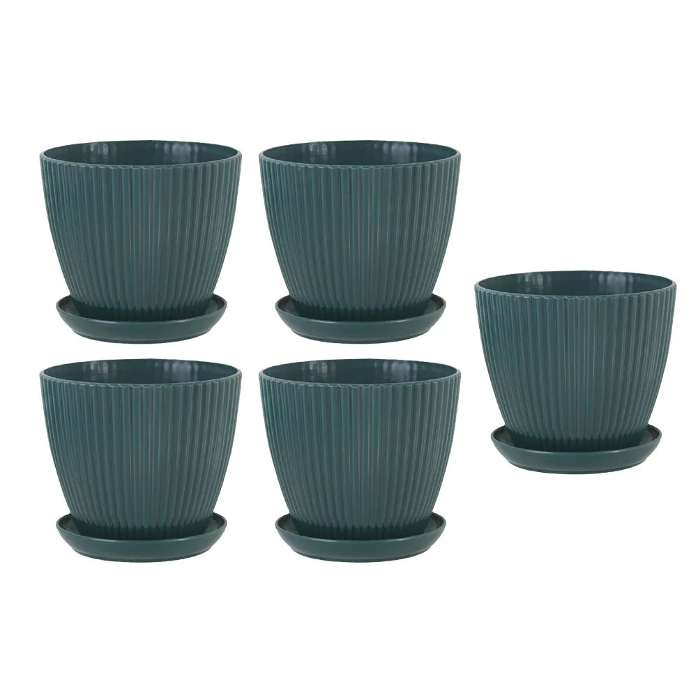 5 Pcs Modern Resin Planters 6 Inch Drainage Hole Flower Pots With Saucers Vertical Stripe Design For Houseplant Garden