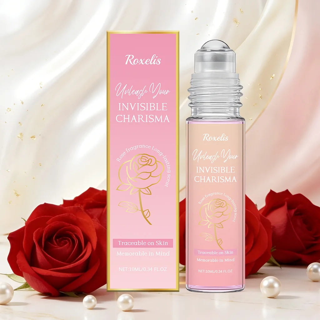Roxelis women's rose perfume rollerball: a long-lasting, fresh, light floral scent in a portable glass bottle.