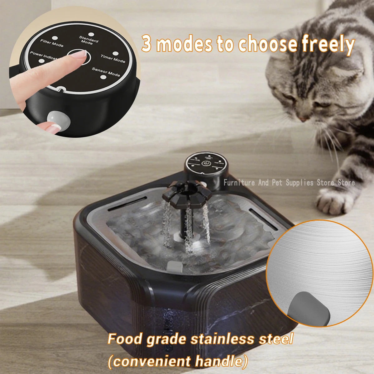 Wireless 2.8L stainless steel cat water fountain with 3 smart modes and infrared sensor for fresh, automatic hydration.