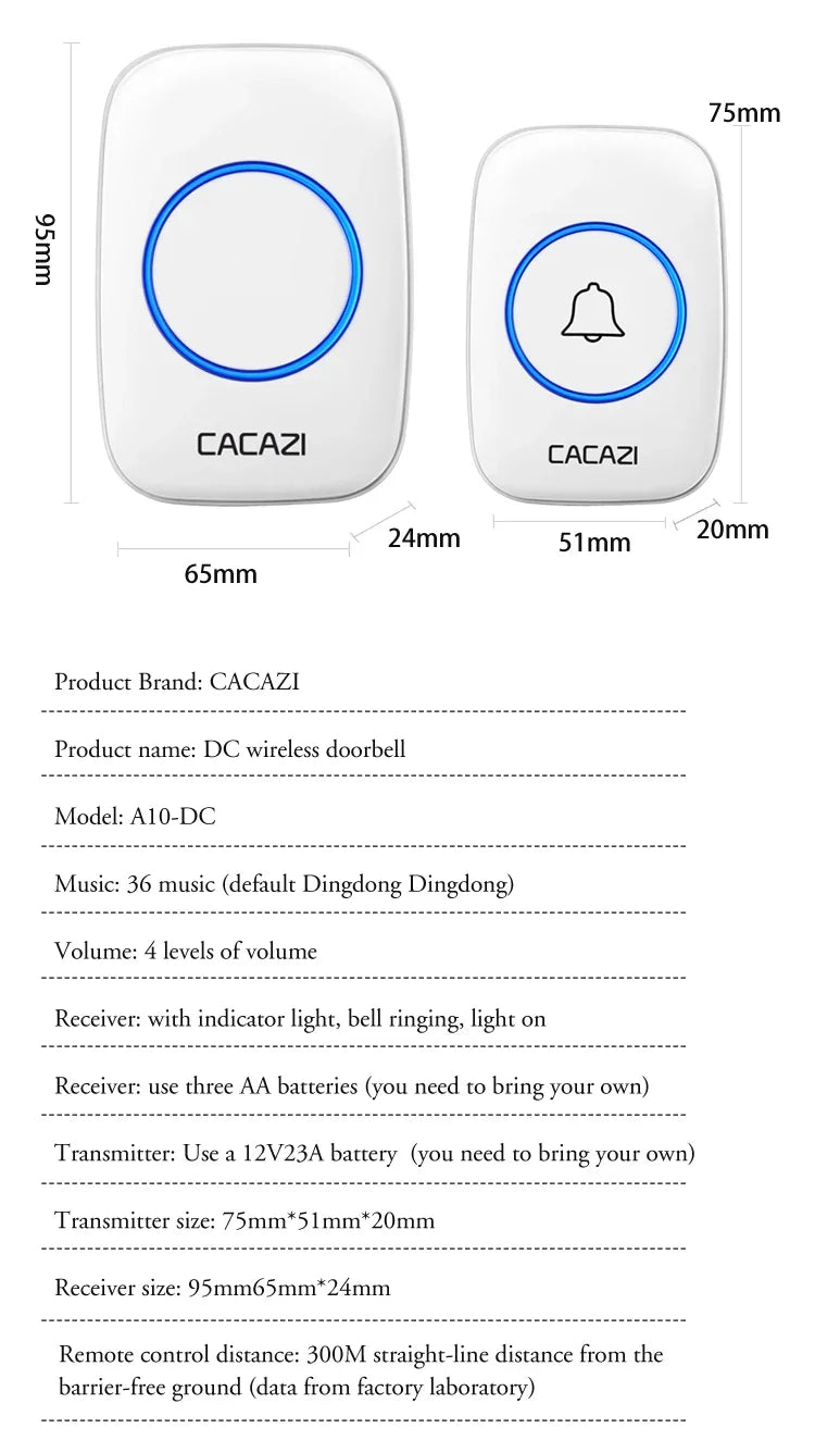 CACAZI 36 music 110DB 300M Wireless Doorbell Waterproof Remote Battery powered Smart Door Bell Battery 1  2 Button 1 2  Receiver