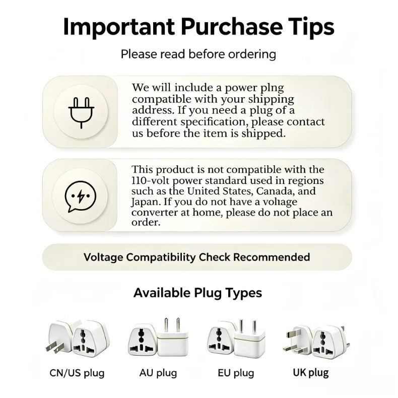 Electrical plug types and voltage compatibility graphic for egg steamer cooker