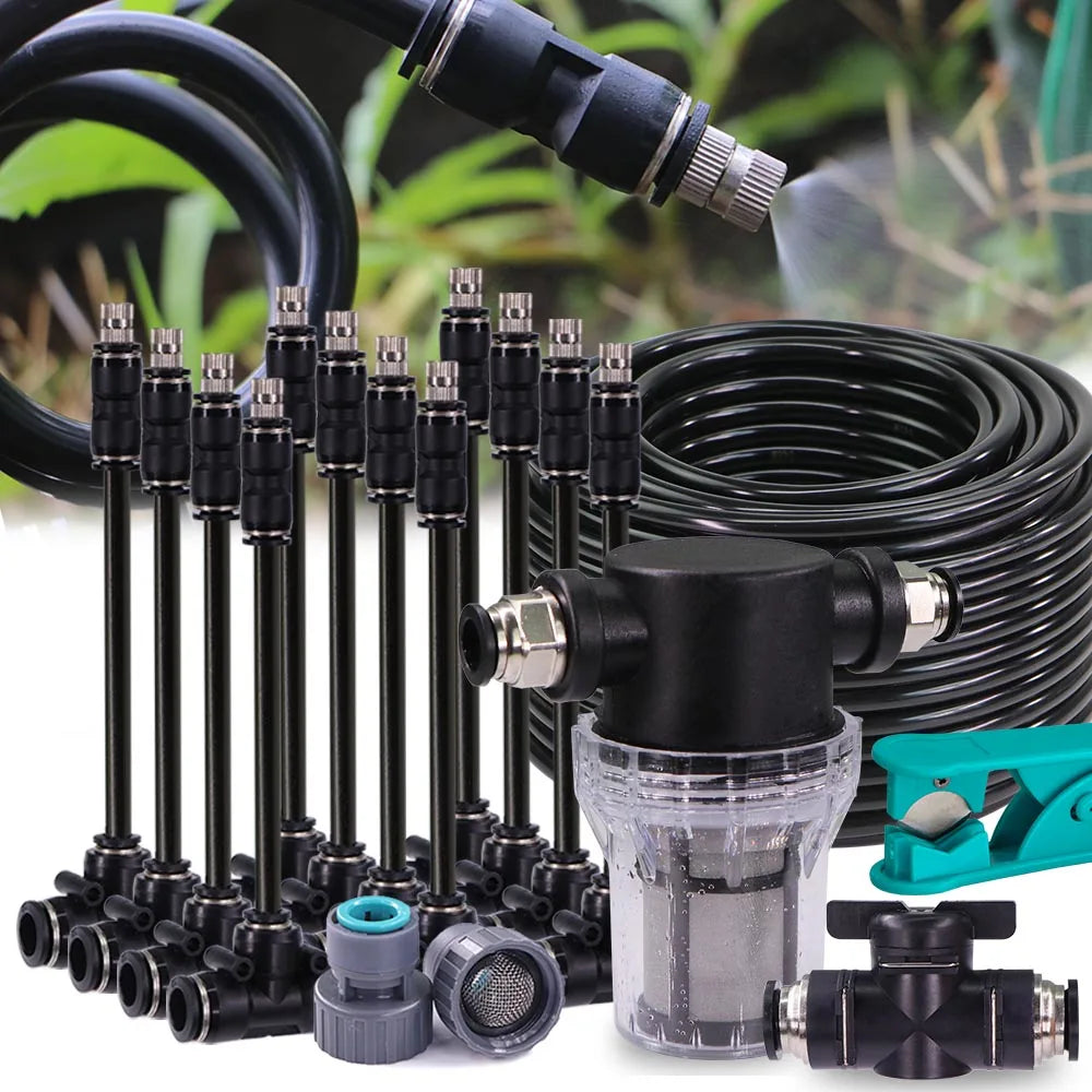 3/8" 9/12mm Misting Cooling System 360° Bend 0.6mm Nozzles Atomizer Sprayers PE Tubing 80 Mesh Filter Garden Irrigation Watering