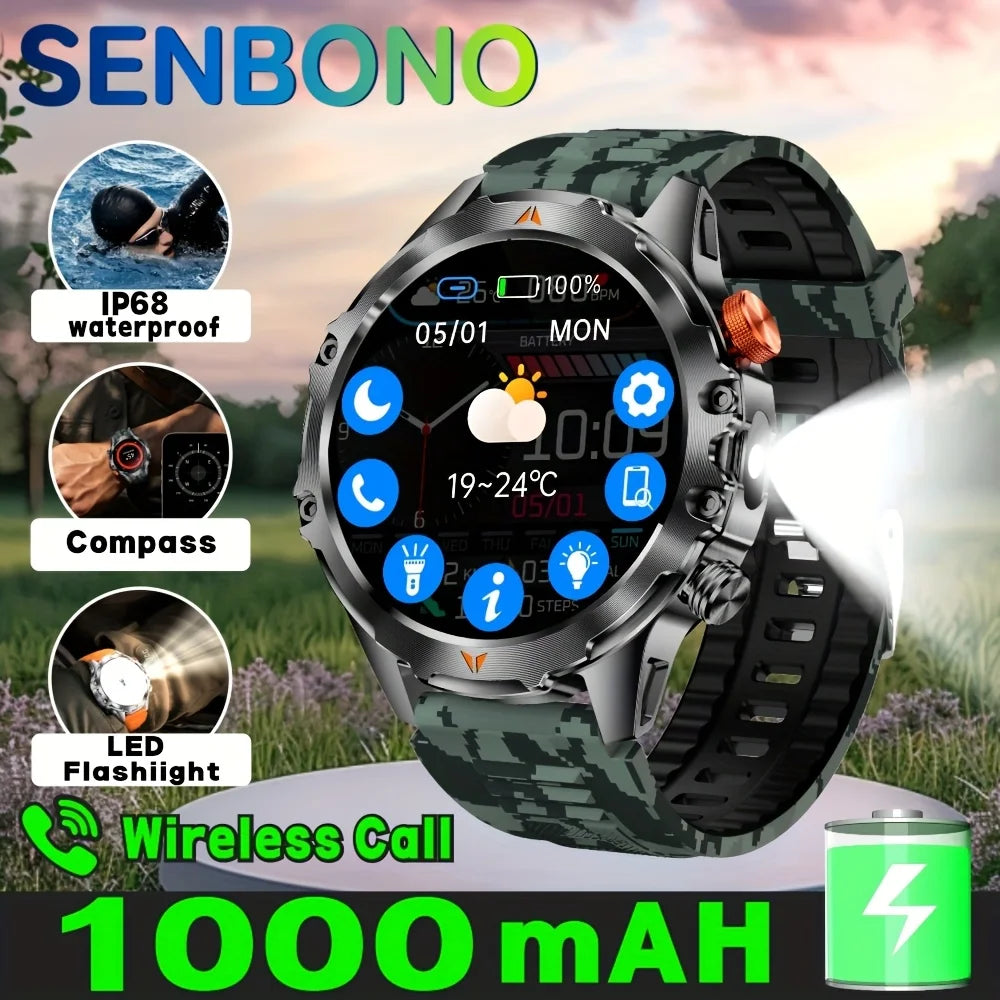 SENBONO Men's Smart Watch Amoled Display Bluetooth Call 1000mAh Compass Led Light IP68 Waterproof Sport Smartwatch For Men