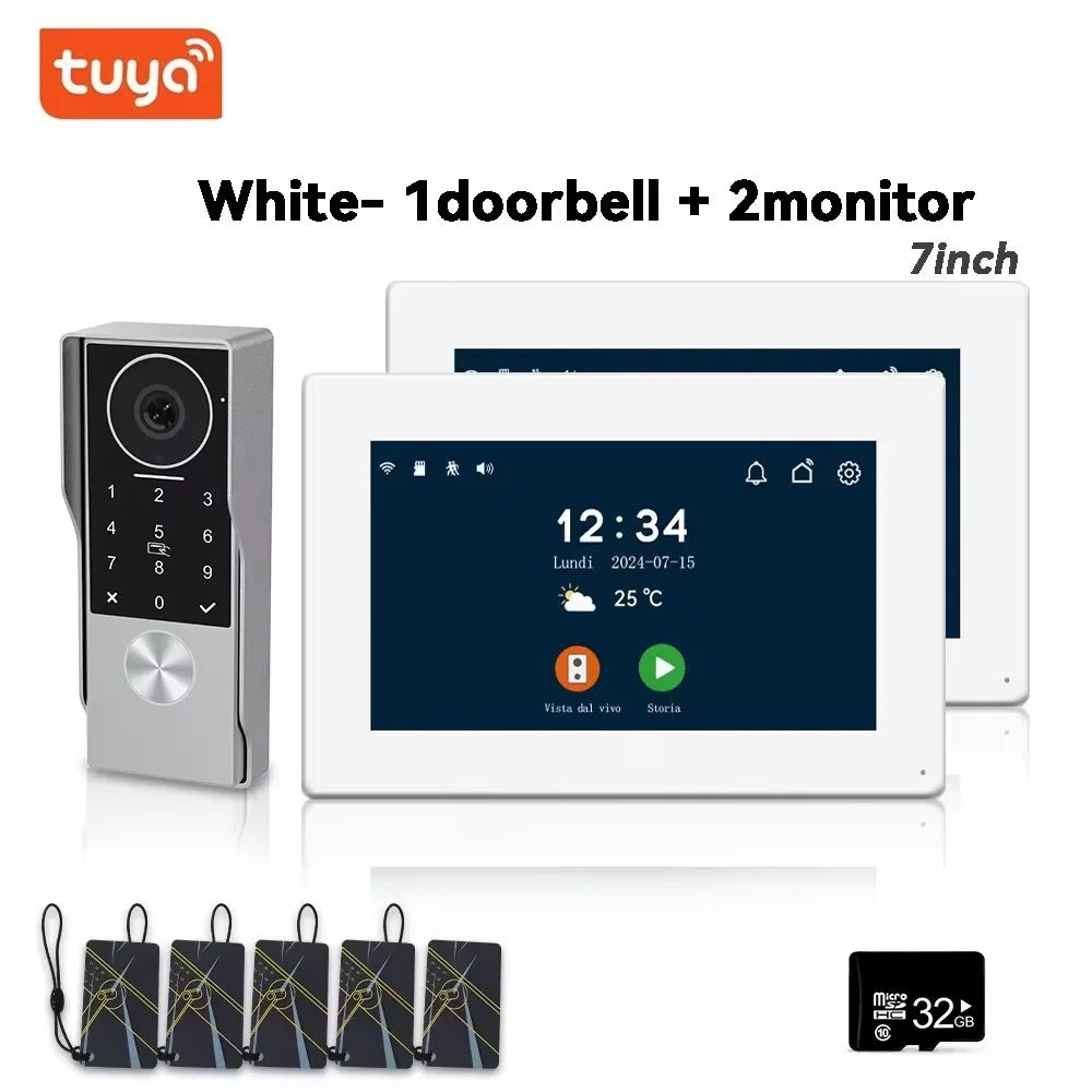 tuya smart video intercom bundle: white 1 doorbell and 2 7-inch monitors
